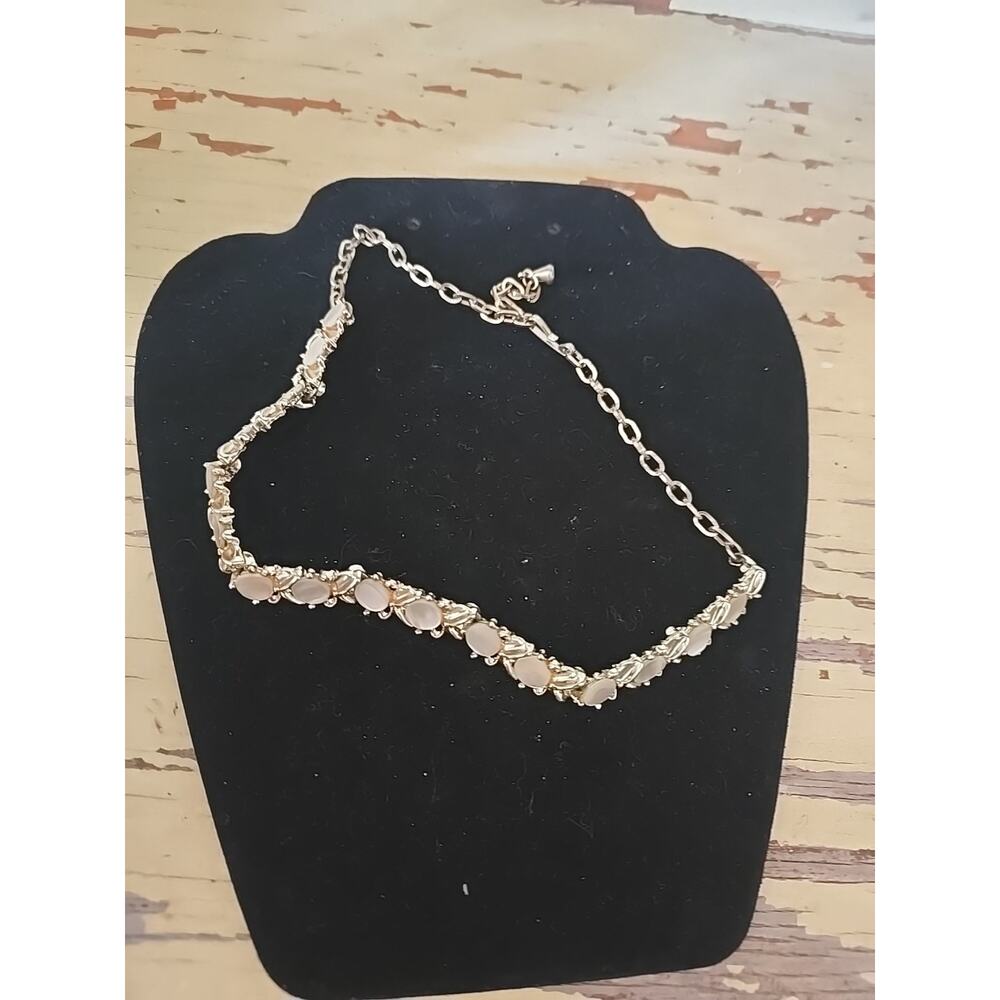 Vtg MCM Mid-Century Moonstone Cabochon Gold-Tone Choker Necklace with‎ J-Hook